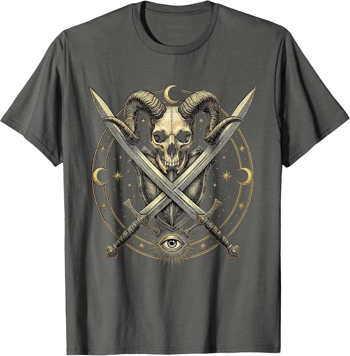 Crossed Swords Horned Demon Skull Metal Graphic T-Shirt - Asphalt Grey