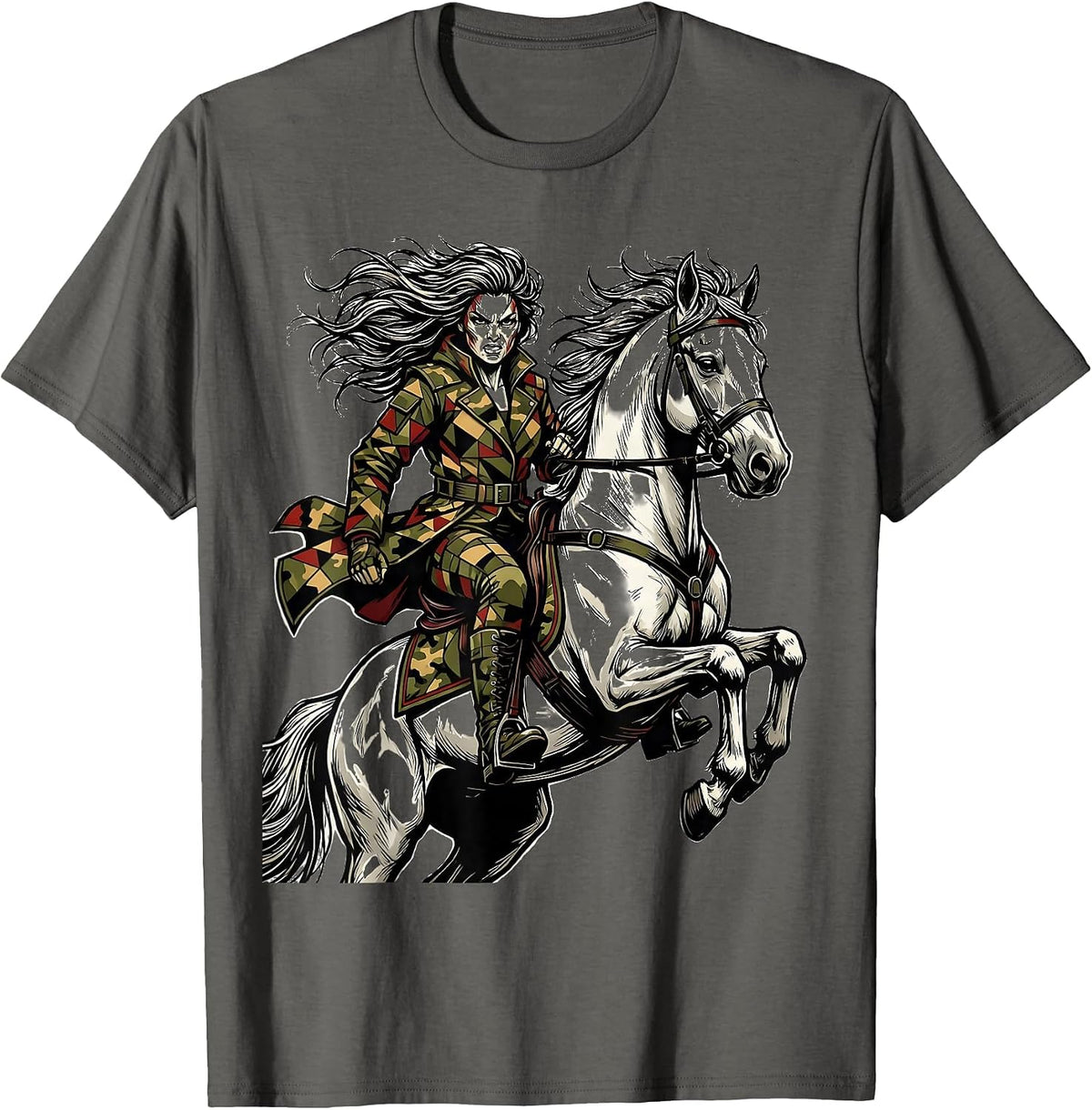 Camo Woman on White Horse Graphic Design T-Shirt - Asphalt Grey