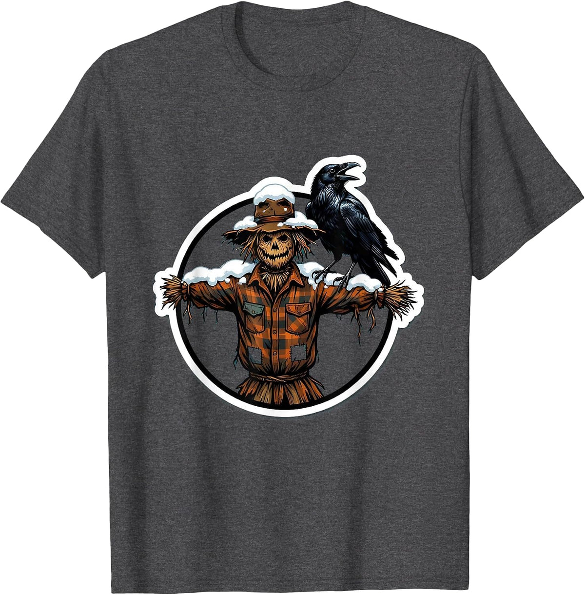 Raven on Snow-Covered Scarecrow Winter Scene T-Shirt - Dark Heather Grey
