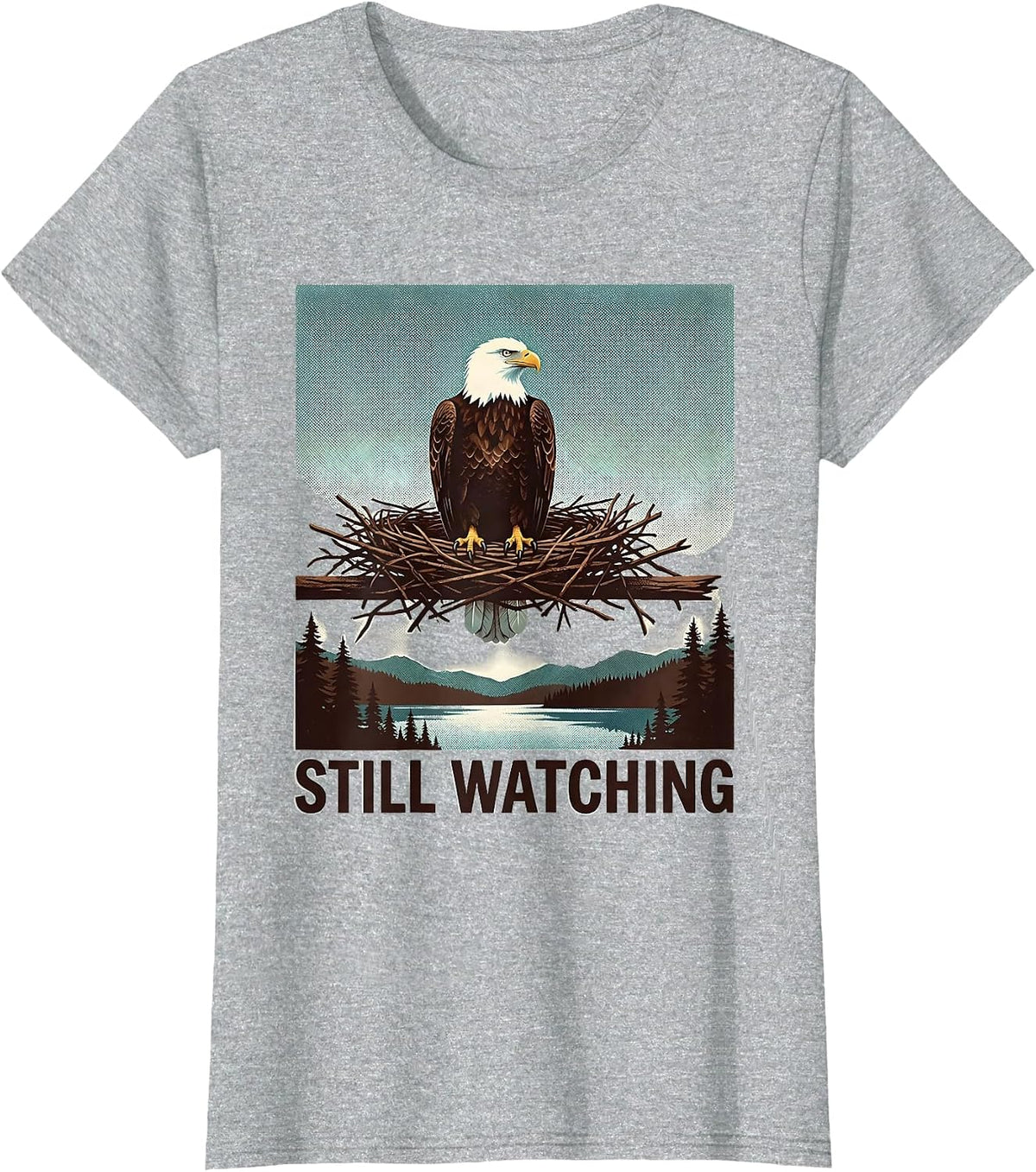 Still Watching Risograph Bald Eagle Big Bear Lake Memorial T-Shirt - Heather Grey