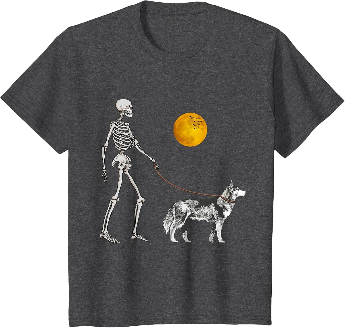 Siberian Husky Skeleton Dog Walking Halloween Costume T-Shirt - Dark Heather Grey