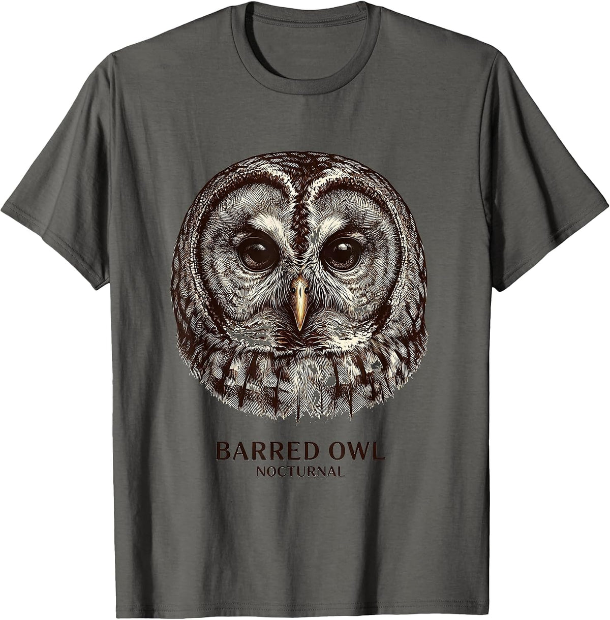 Barred Owl Nocturnal Crosshatch Wildlife Portrait Animal Art T-Shirt - Asphalt Grey
