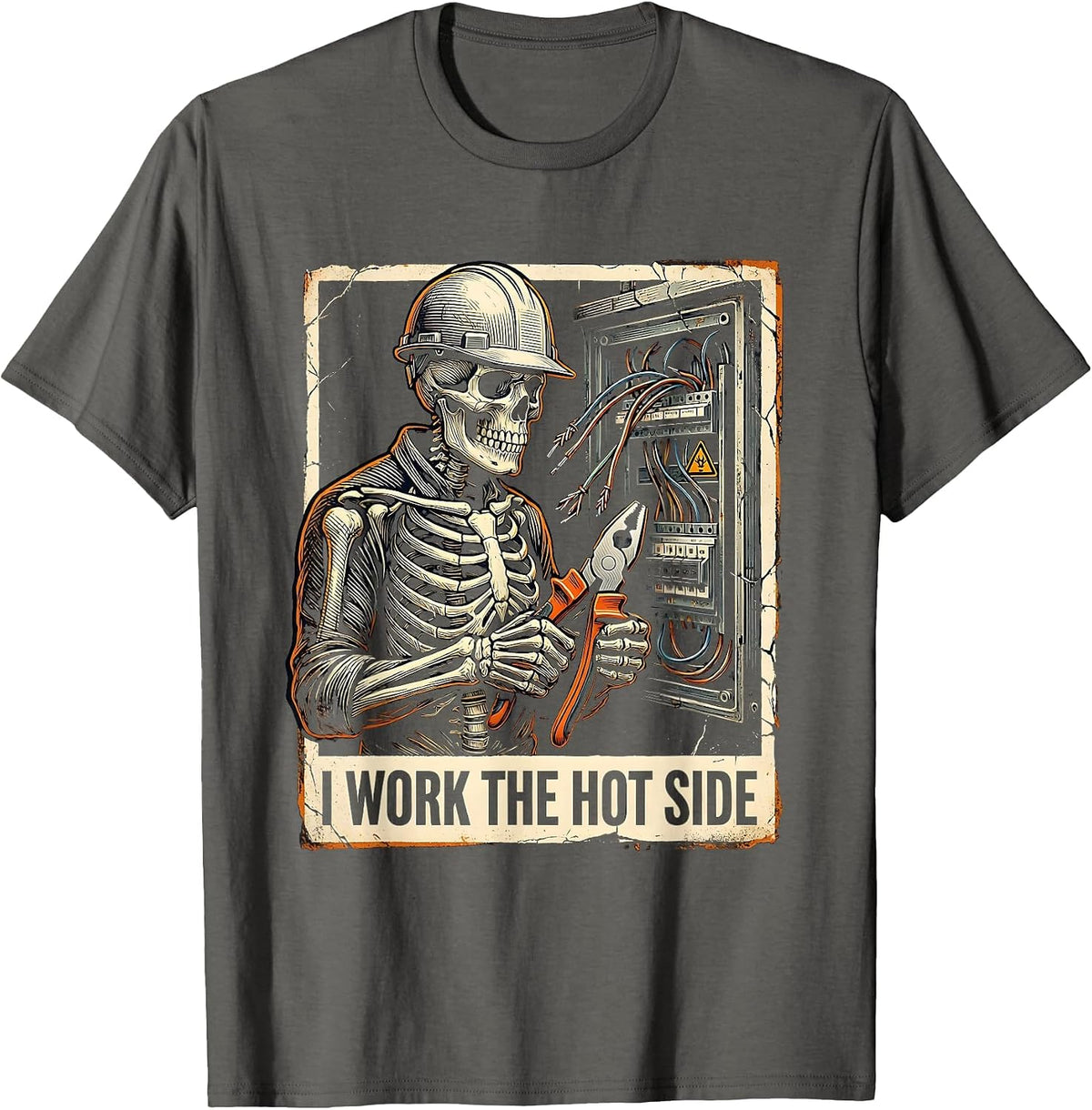 I Work The Hot Side Funny Skeleton Electrician Lineman T-Shirt - Asphalt Grey