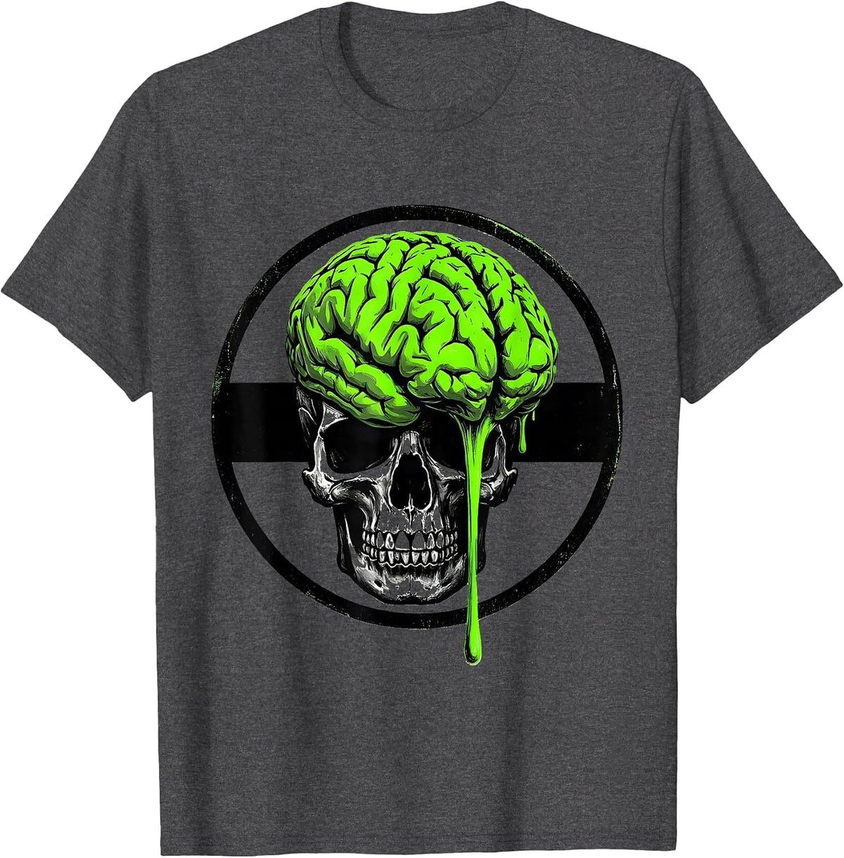 Brain Melt Skull Graphic - Funny Mind Blown Art T-Shirt - Dark Heather Grey