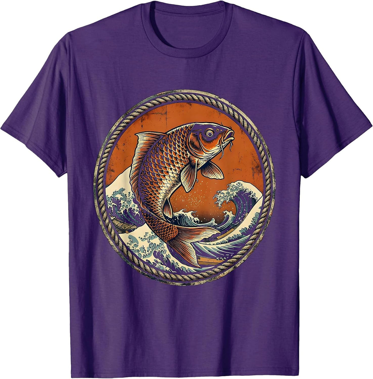 Koi Fish Leaping Through Crashing Waves T-Shirt - Purple
