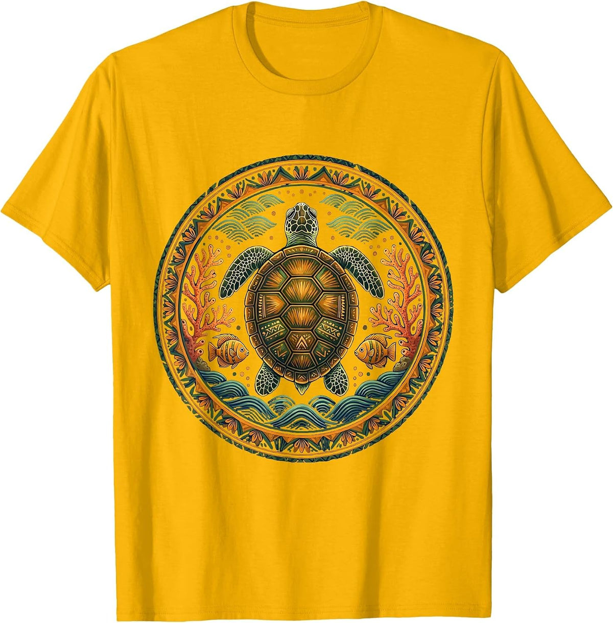 Men's Sea Turtle Coral Reef Hawaiian Ocean Art T-Shirt - Golden Yellow