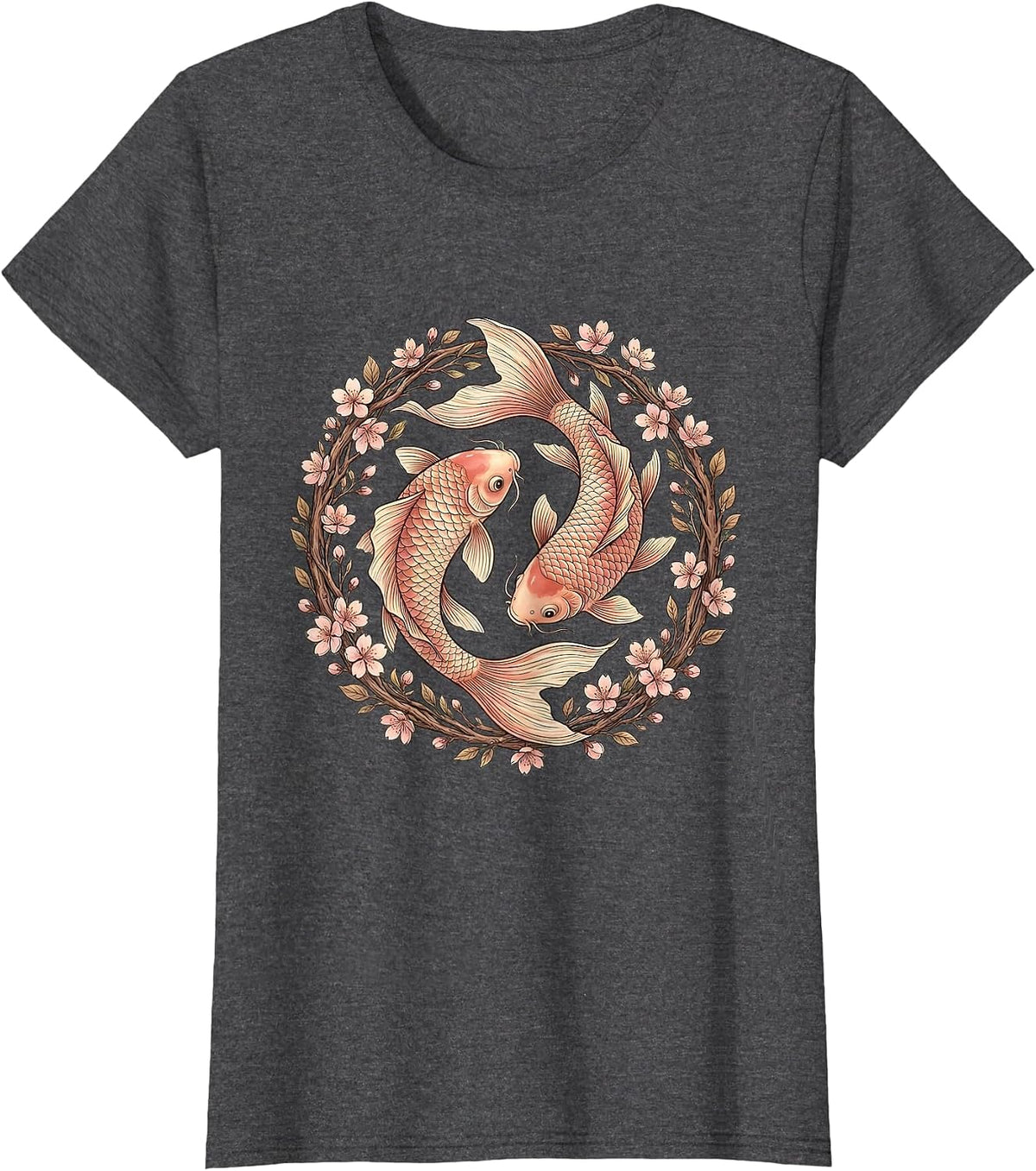 Women's Koi Fish Pink Cherry Blossom Cancer Awareness T-Shirt - Dark Heather Grey