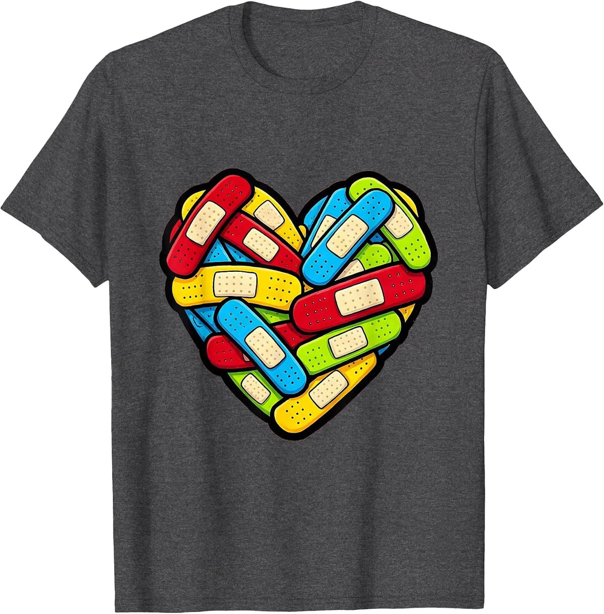 Boo Boo Crew Nurse Colorful Bandaid Heart T-Shirt - Dark Heather Grey