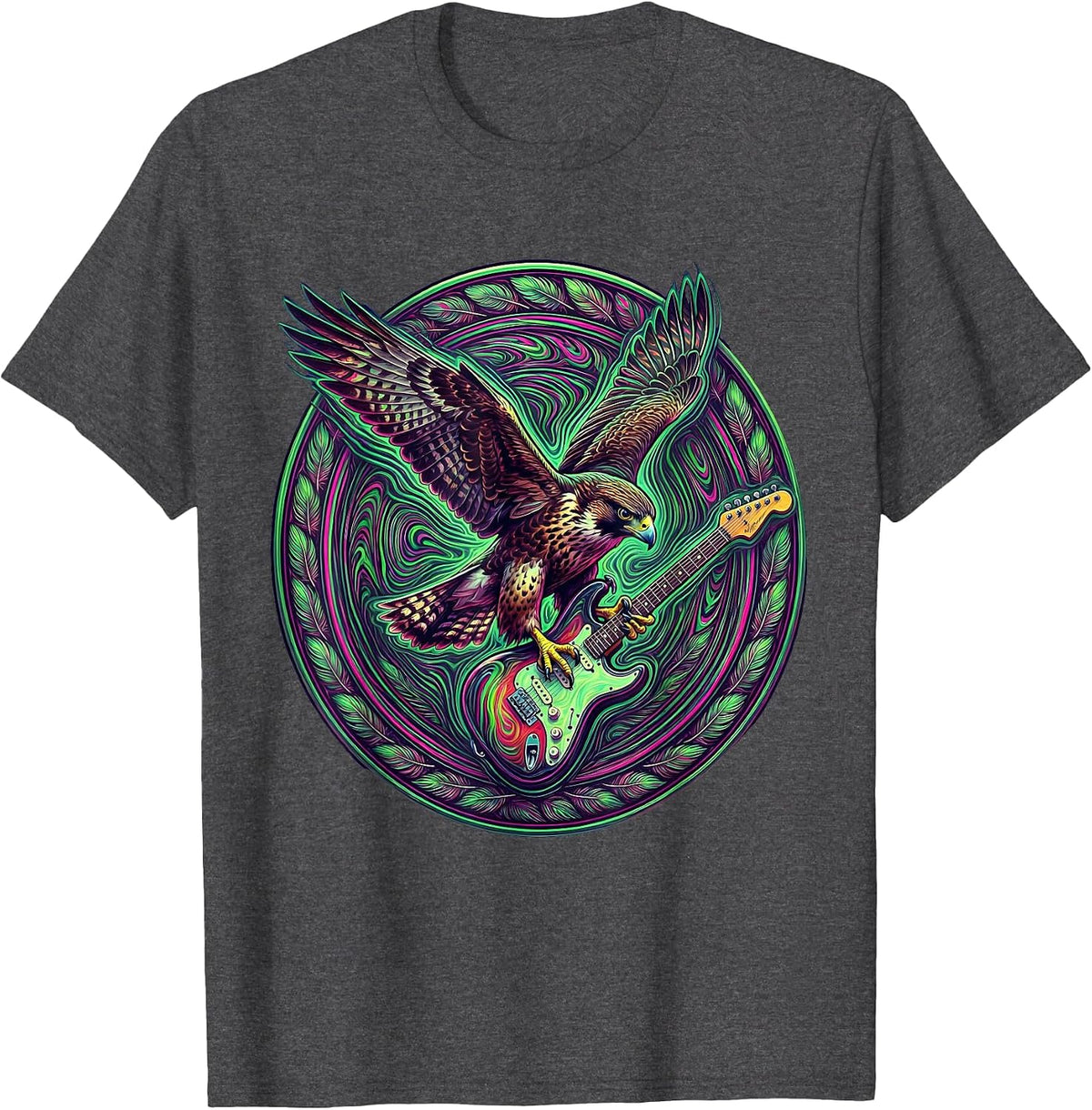 Falcon Diving With Electric Guitar Graphic T-Shirt - Dark Heather Grey