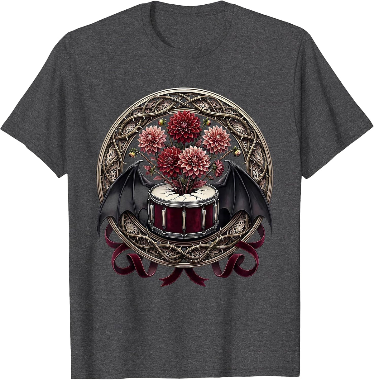 Dahlia Explosion Bass Drum Rock Floral Design T-Shirt - Dark Heather Grey
