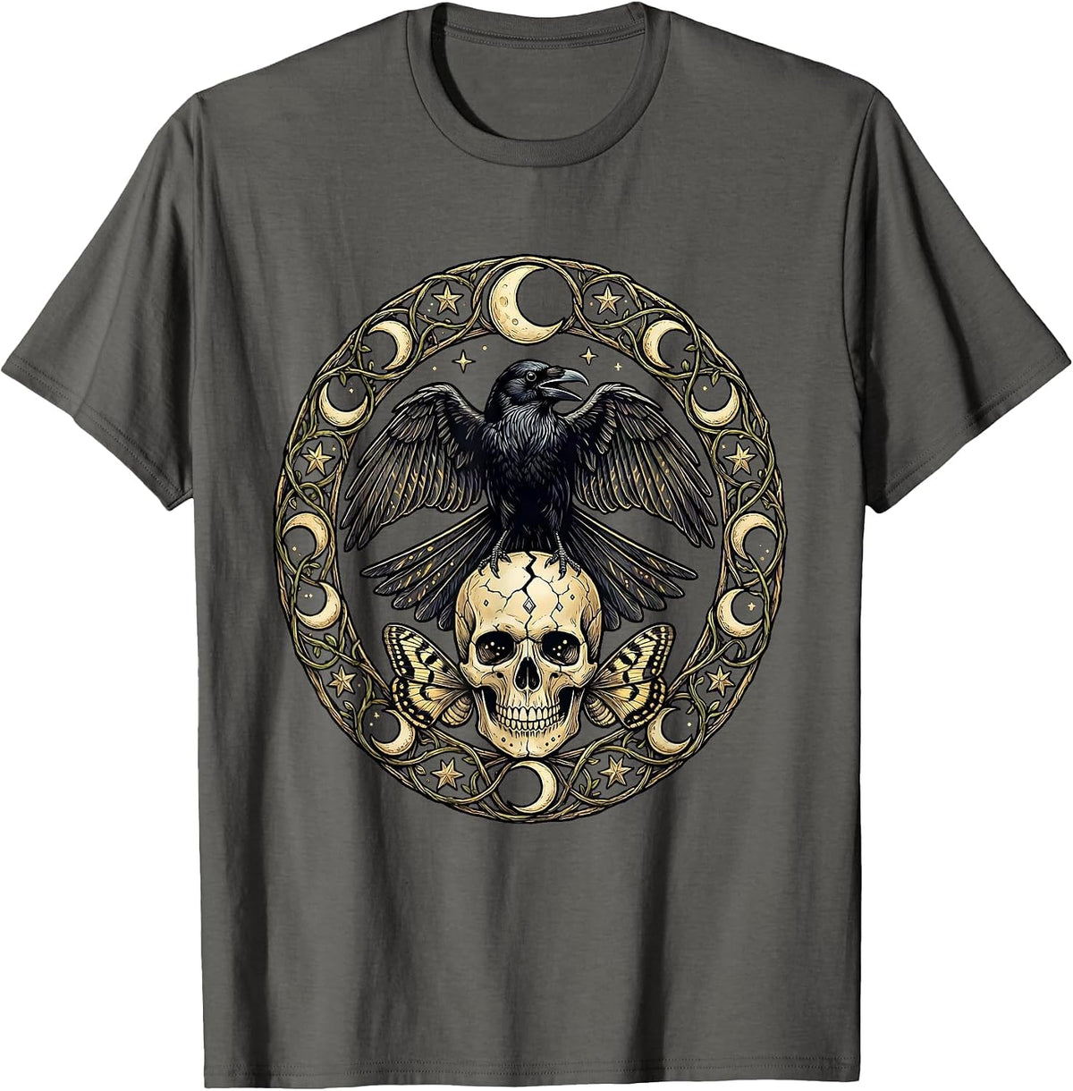 Men's Raven on Skull Halloween Gothic Dark Art T-Shirt - Asphalt Grey