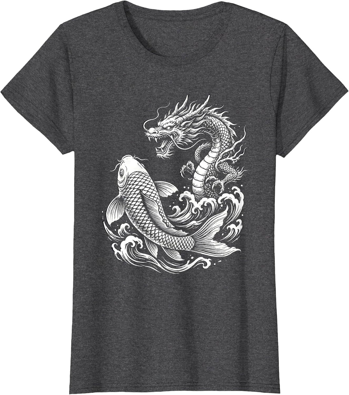 Women's Koi Fish Dragon Transformation Anime Graphic T-Shirt - Dark Heather Grey