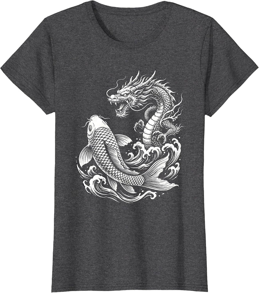 Women's Koi Fish Dragon Transformation Anime Graphic T-Shirt - Dark Heather Grey