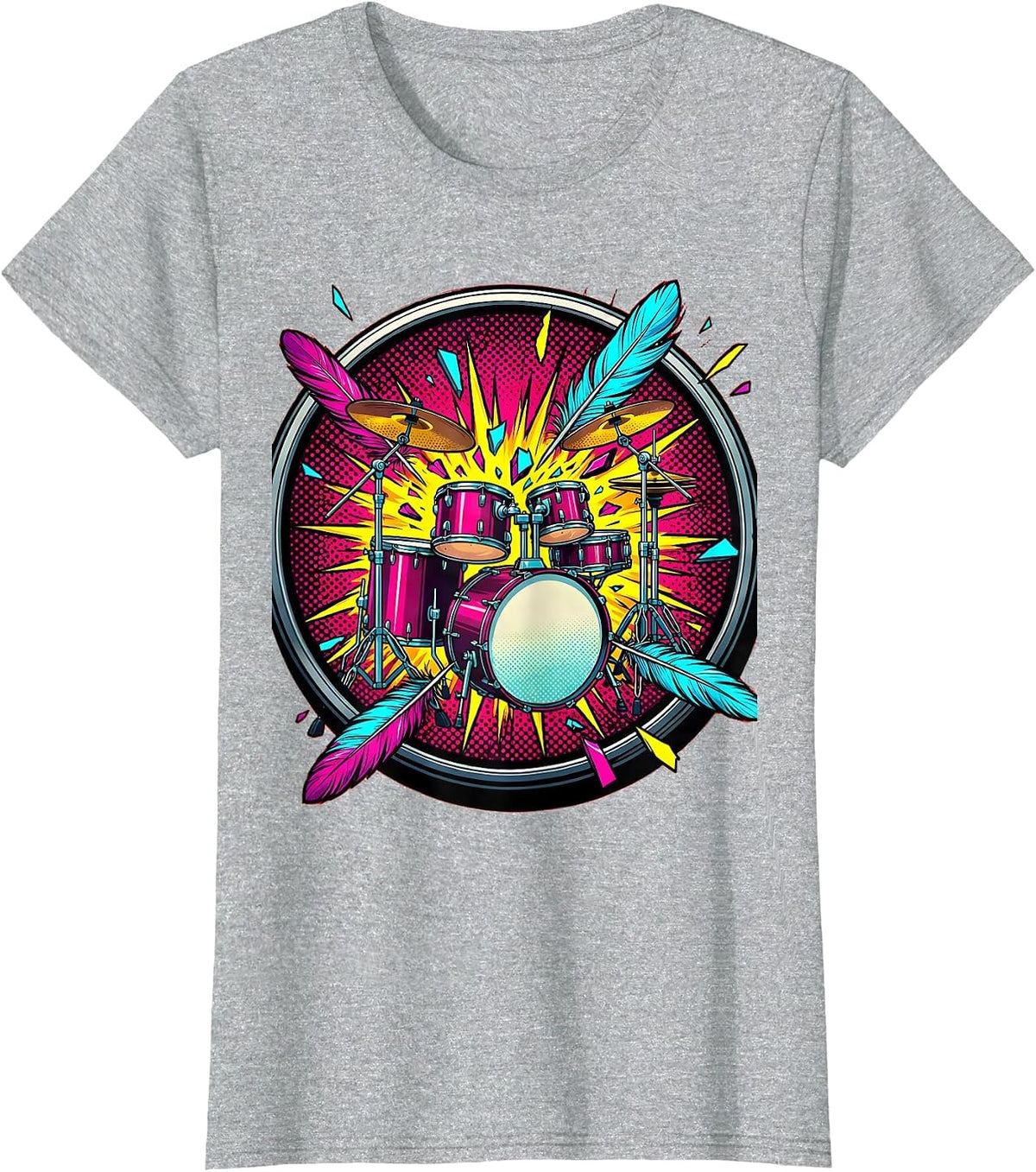 Women's Drum Kit Feather Explosion Music Art Design T-Shirt - Heather Grey
