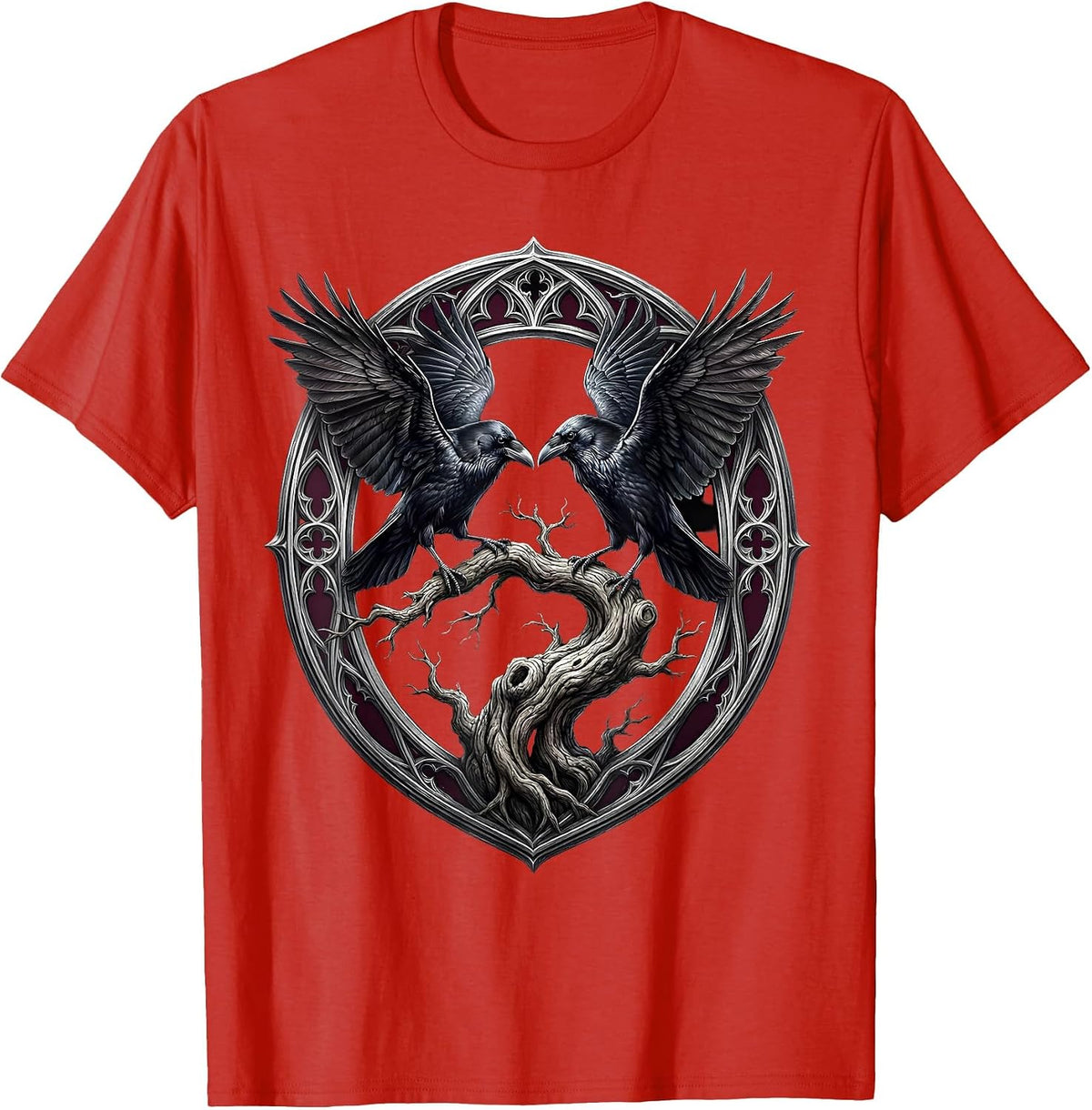 Men's Crow and Raven Face-Off on Branch Illustration T-Shirt - Red