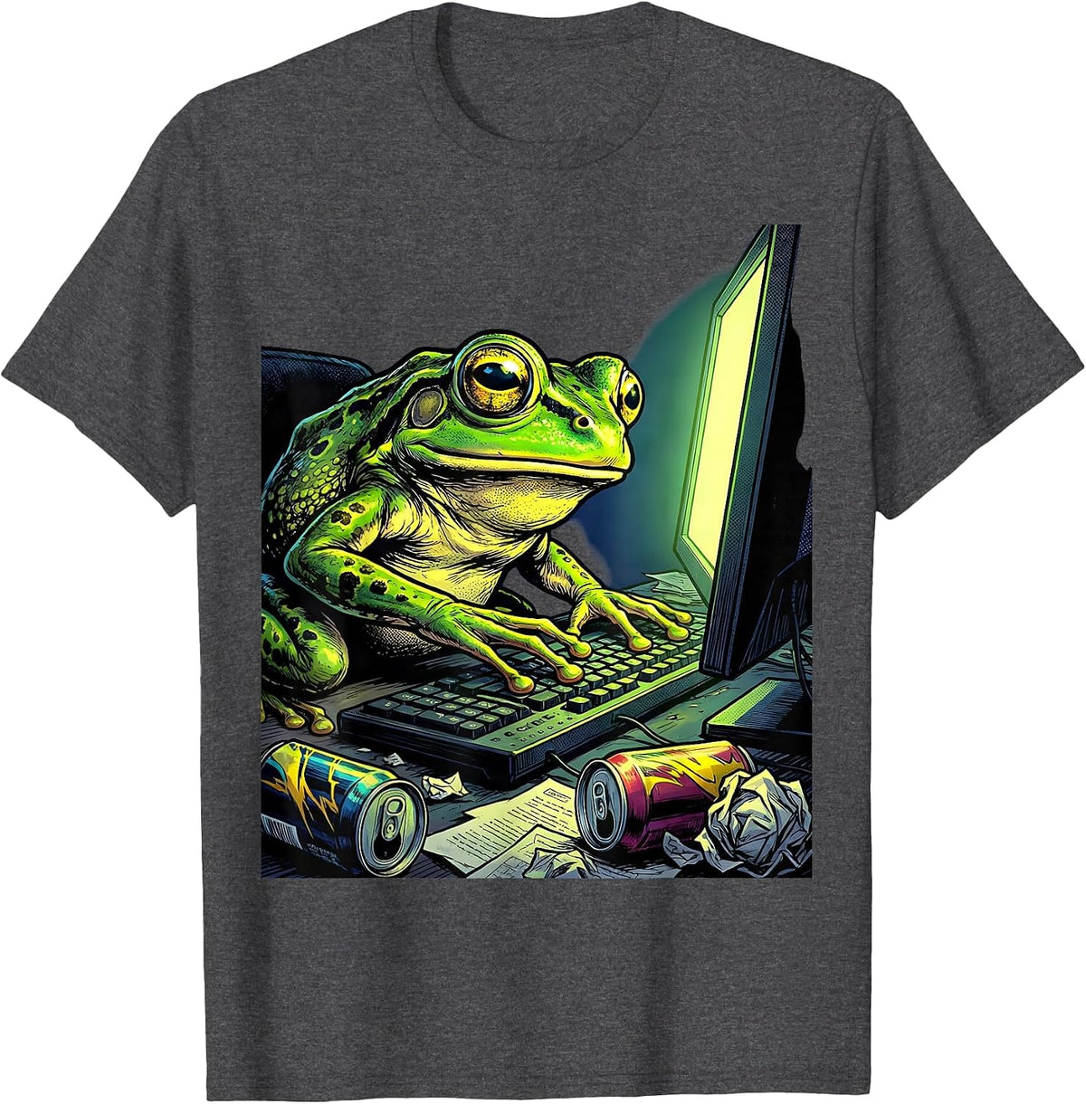 Frog Night Owl Late Night Computer Session T-Shirt - Dark Heather Grey