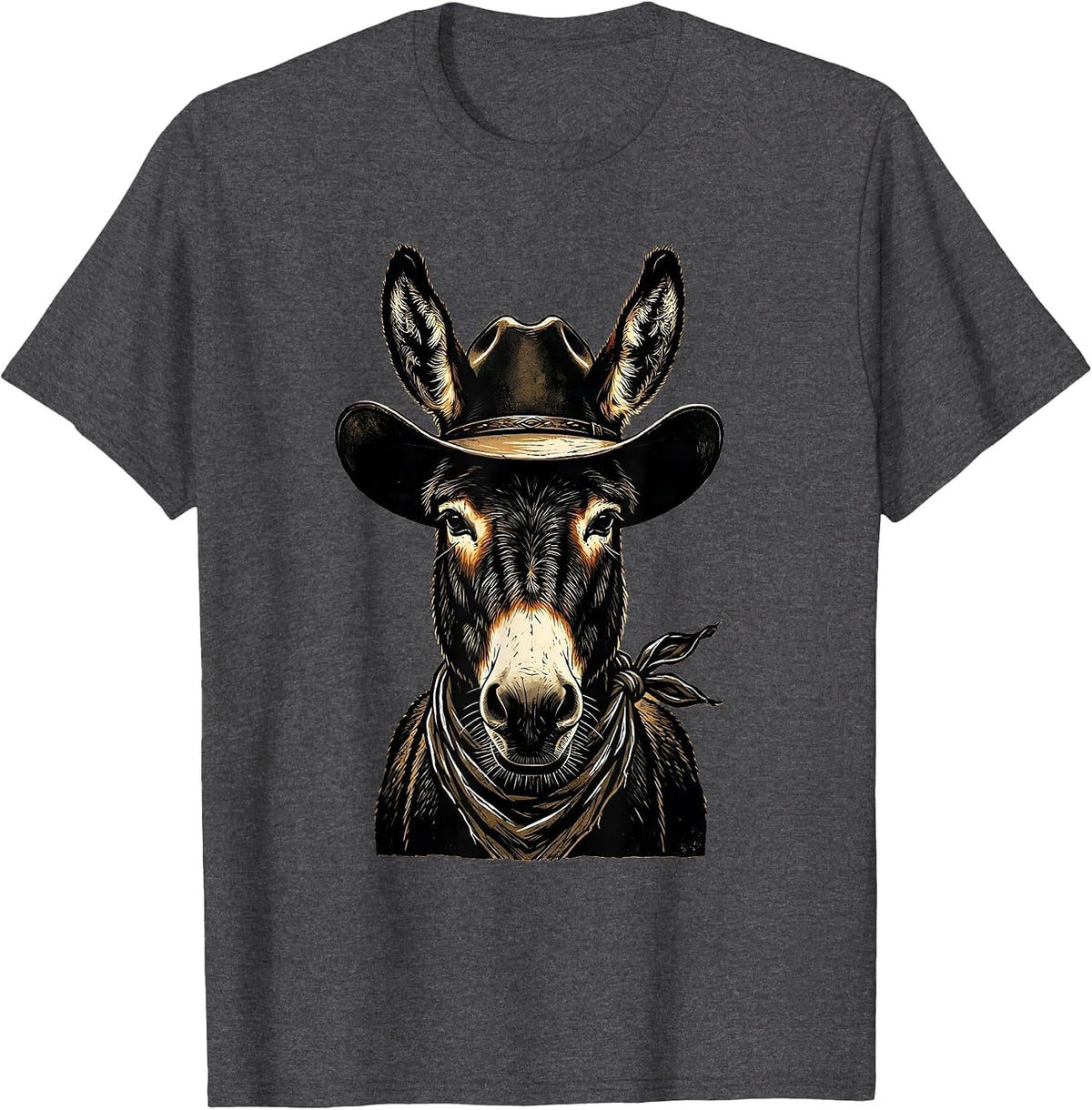 Cowboy Donkey in Hat and Bandana Illustration T-Shirt - Dark Heather Grey