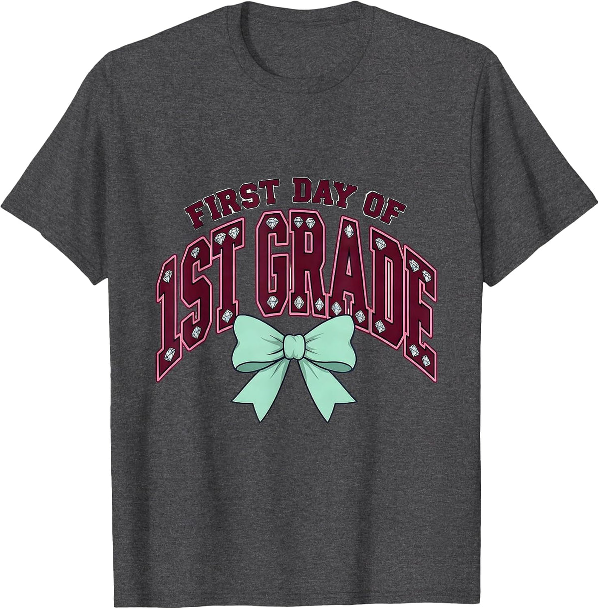 First Day Of 1st Grade Cute Girly Back To School Bow T-Shirt - Dark Heather Grey
