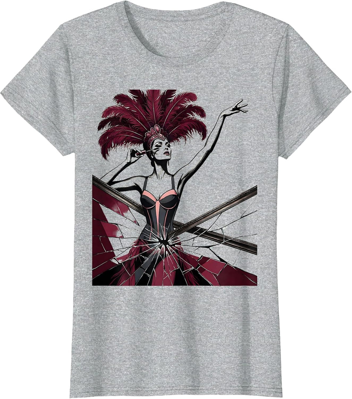 Showgirl Applying Mascara in Cracked Mirror T-Shirt - Heather Grey