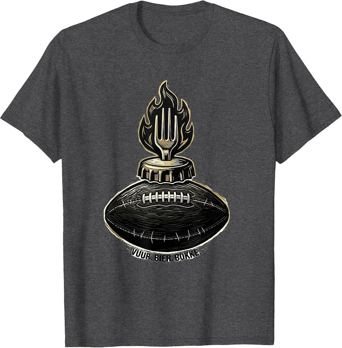 Vuur. Bier. Bokke. Linocut South African Rugby Bokke Fan T-Shirt - Dark Heather Grey