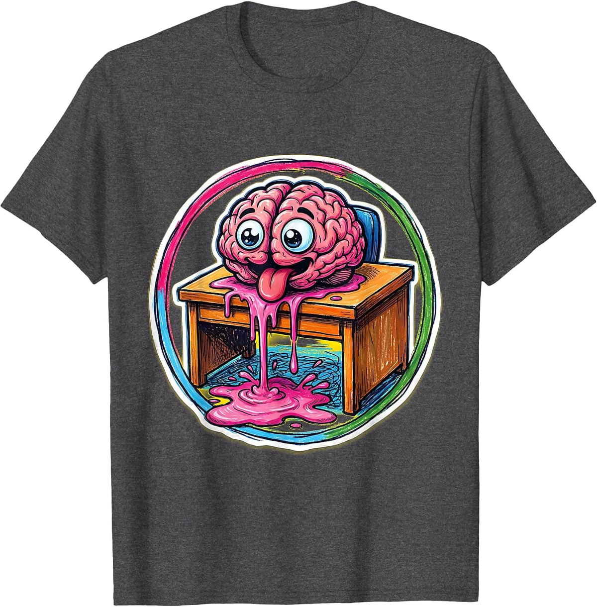 Men's Melting Brain Puddle Funny Inappropriate Design T-Shirt - Dark Heather Grey