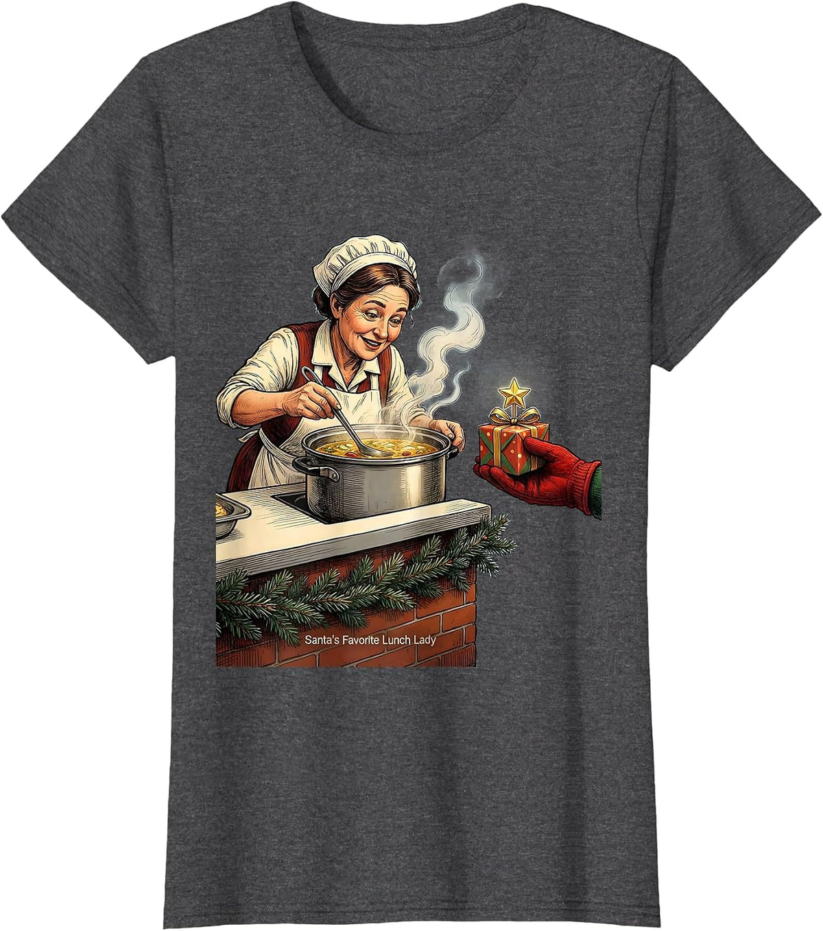 Women's Santa's Favorite Lunch Lady Funny School Staff Christmas T-Shirt - Dark Heather Grey