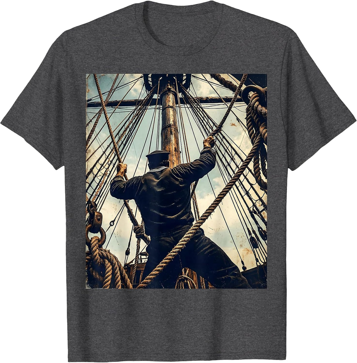 Muscular Sailor Climbing Ship Rigging Graphic T-Shirt - Dark Heather Grey