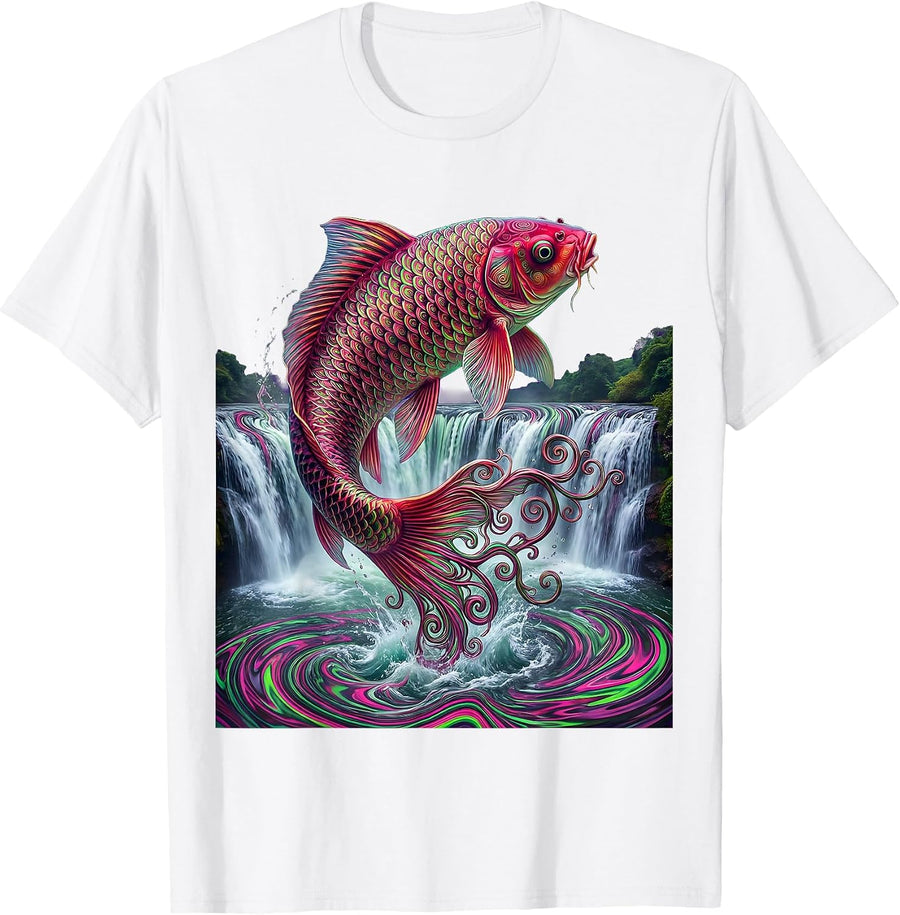 Koi Fish Leaping Waterfall Illustration T-Shirt - White