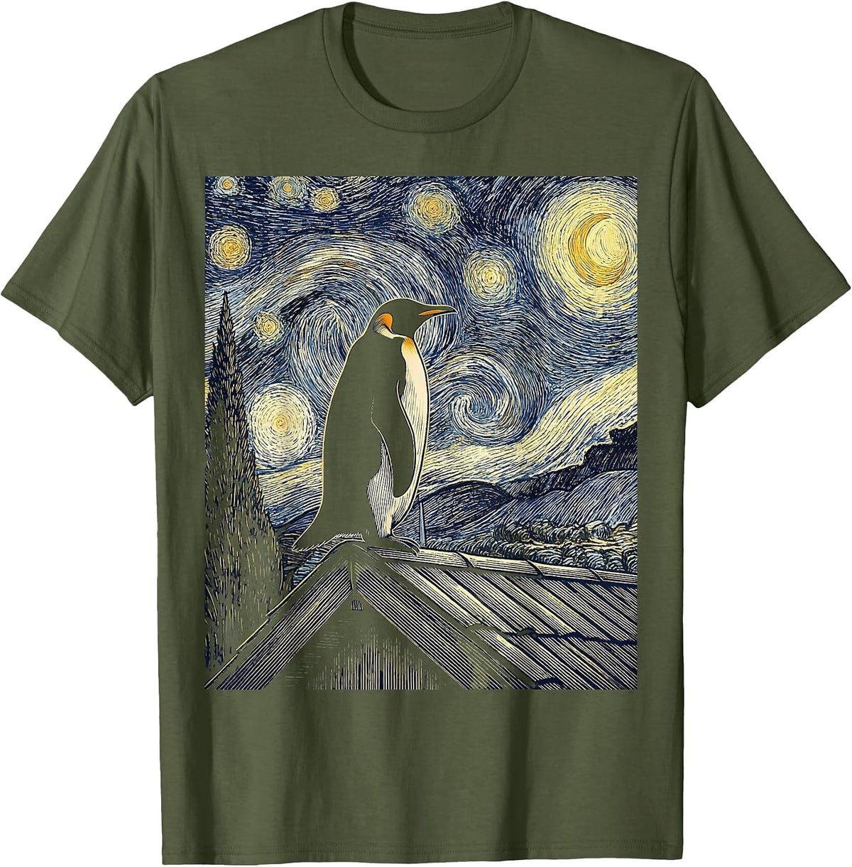 Penguin Van Gogh Style Starry Night Art Animal Lover T-Shirt - Olive Green
