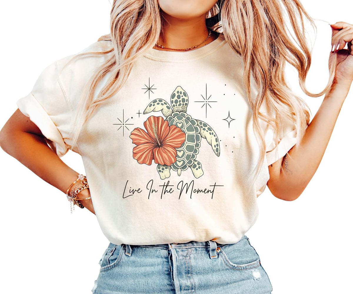 Live in The Moment Garment Dyed Shirt, Sea Turtle Shirt Women, Beach Vacation Tee, Coastal Boho Graphic Tee - Ivory