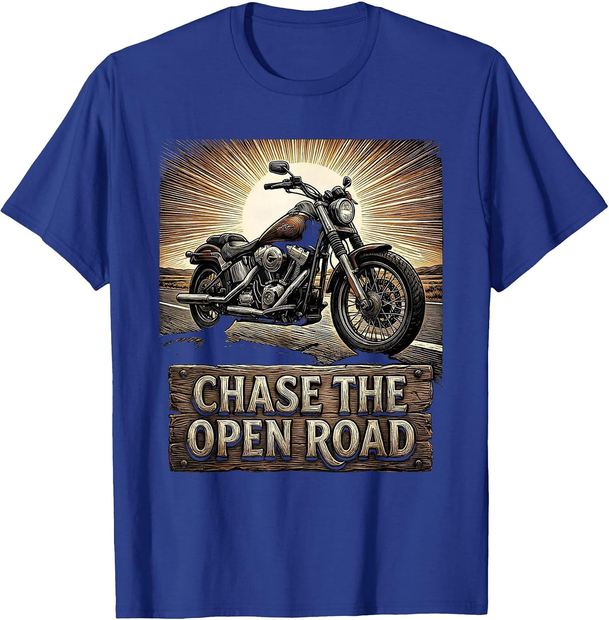Chase the Open Road Biker Graphic Design T-Shirt - Royal Blue