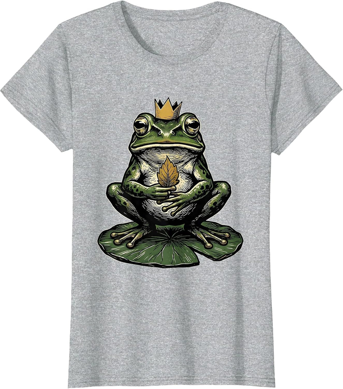 Women's Squat Frog Paper Crown Linocut Frog Lover Humor T-Shirt - Heather Grey