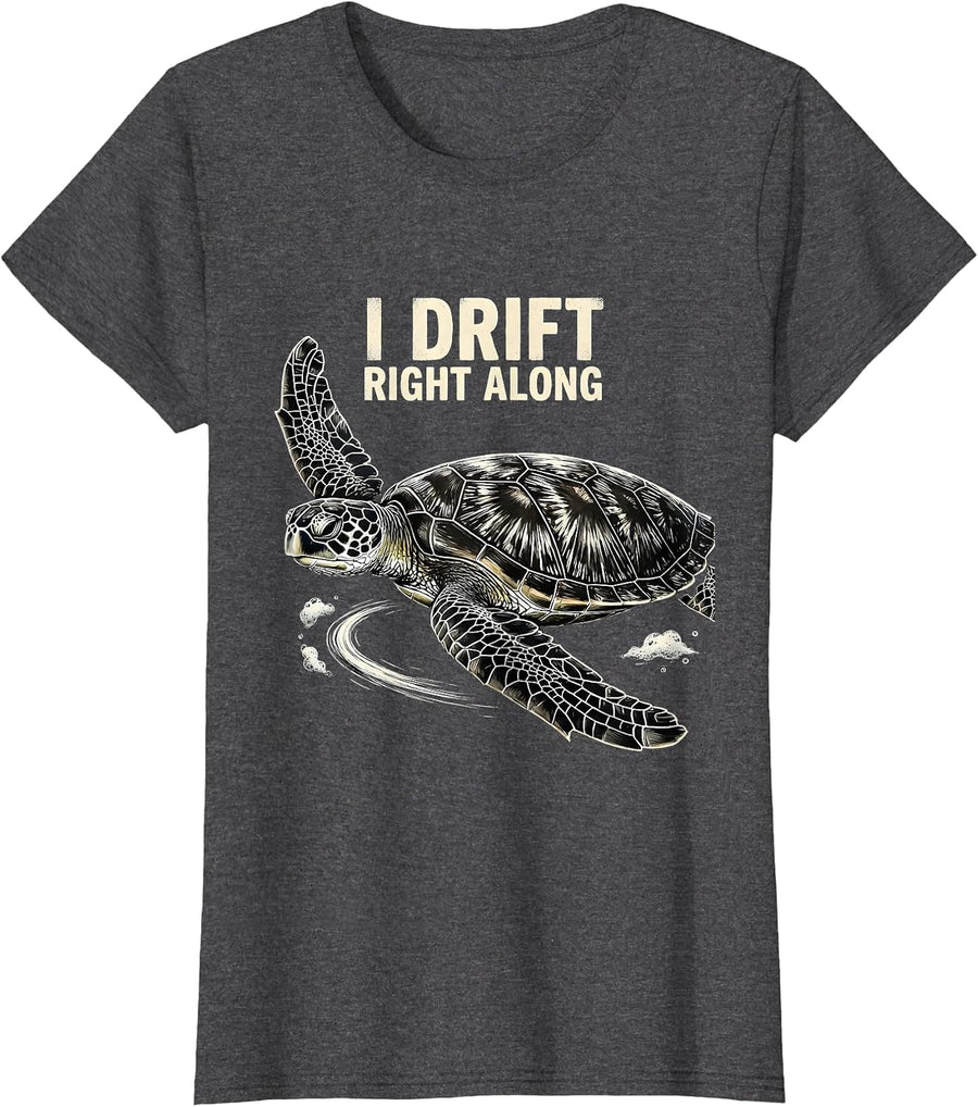 Women's I Drift Right Along Scratchboard Sea Turtle Tropical T-Shirt - Dark Heather Grey