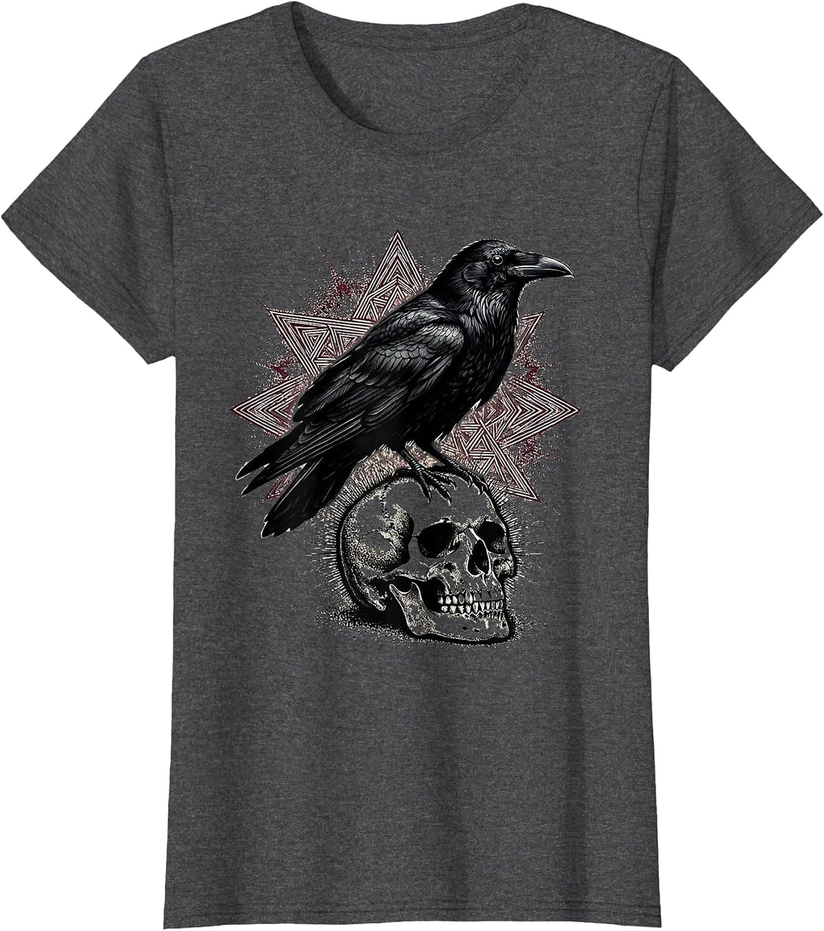 Women's Raven Perched on Mossy Skull Gothic Nature Art T-Shirt - Dark Heather Grey