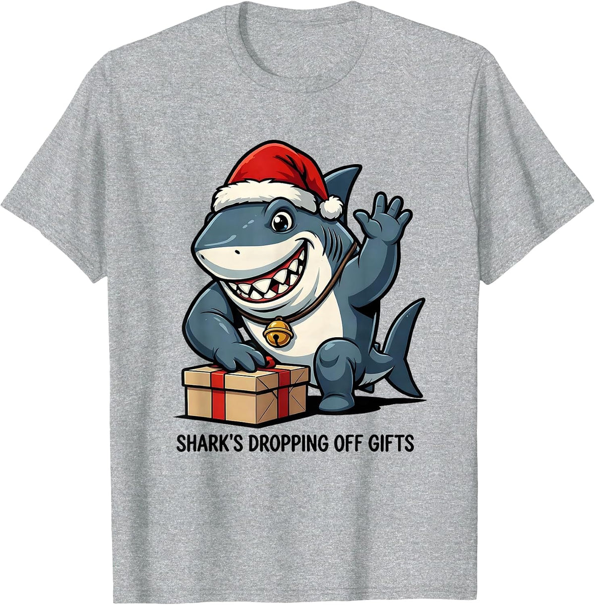 Men's Shark's Dropping Off Gifts Cartoon Shark Lover Christmas T-Shirt - Heather Grey