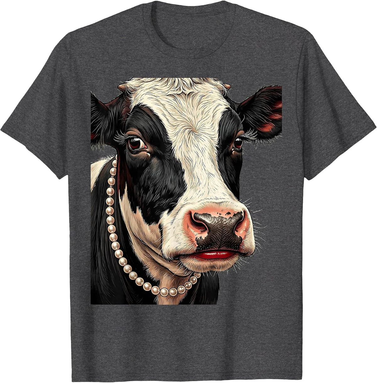 Glamorous Cow Pearl Necklace and Lipstick Design T-Shirt - Dark Heather Grey