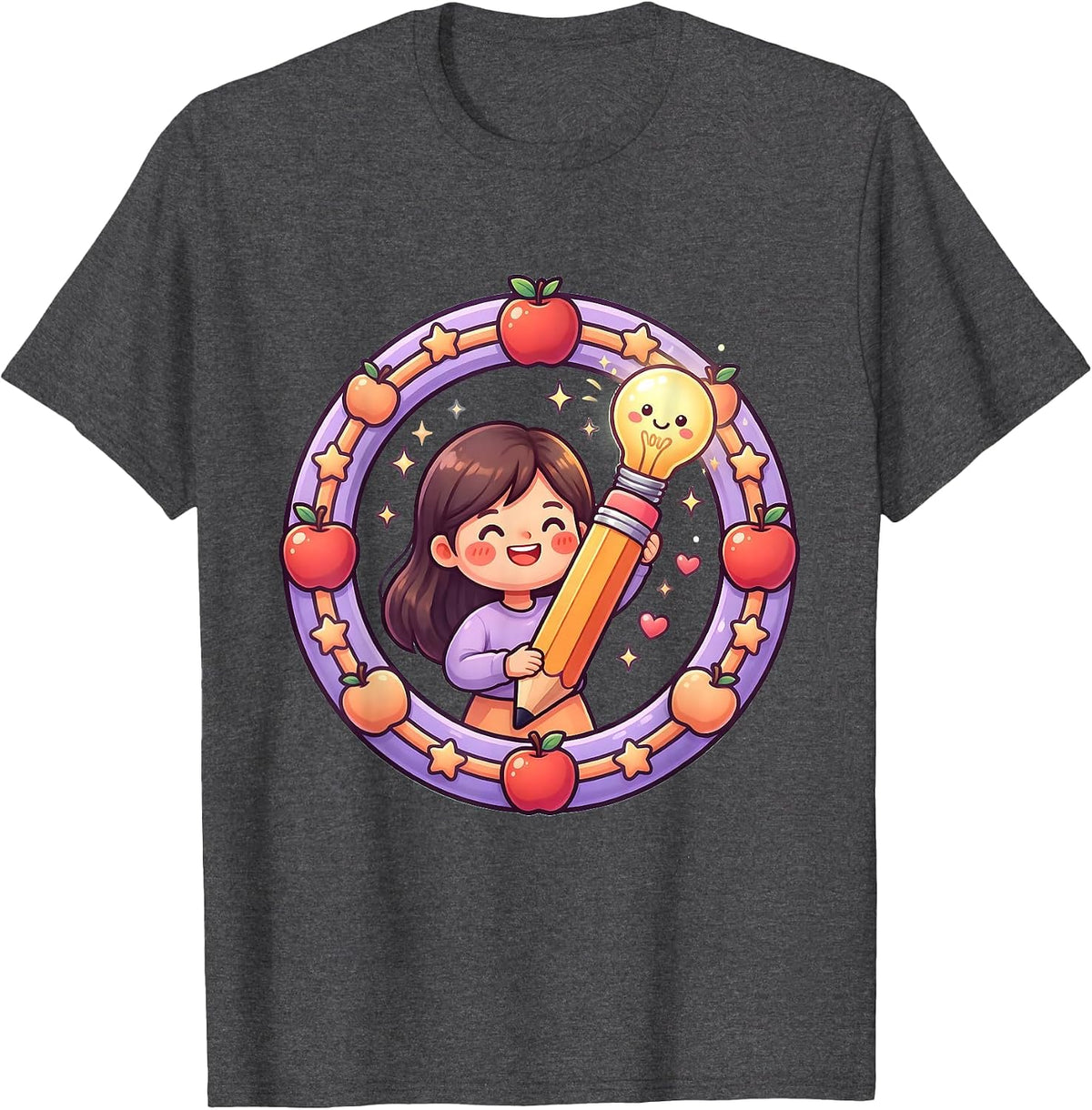 Elementary Teacher Lightbulb Pencil Raise Hand Design T-Shirt - Dark Heather Grey