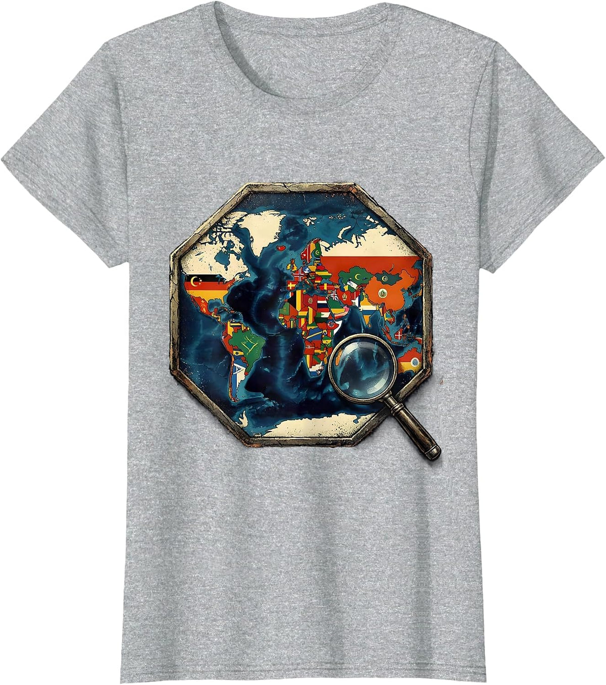 Women's World Flags Map Geography Enthusiast Distressed Travel Lover T-Shirt - Heather Grey