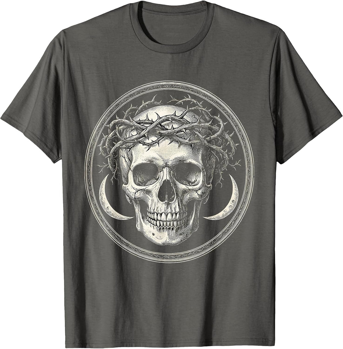 Skull Crowned With Dead Thorny Vines Gothic Art T-Shirt - Asphalt Grey