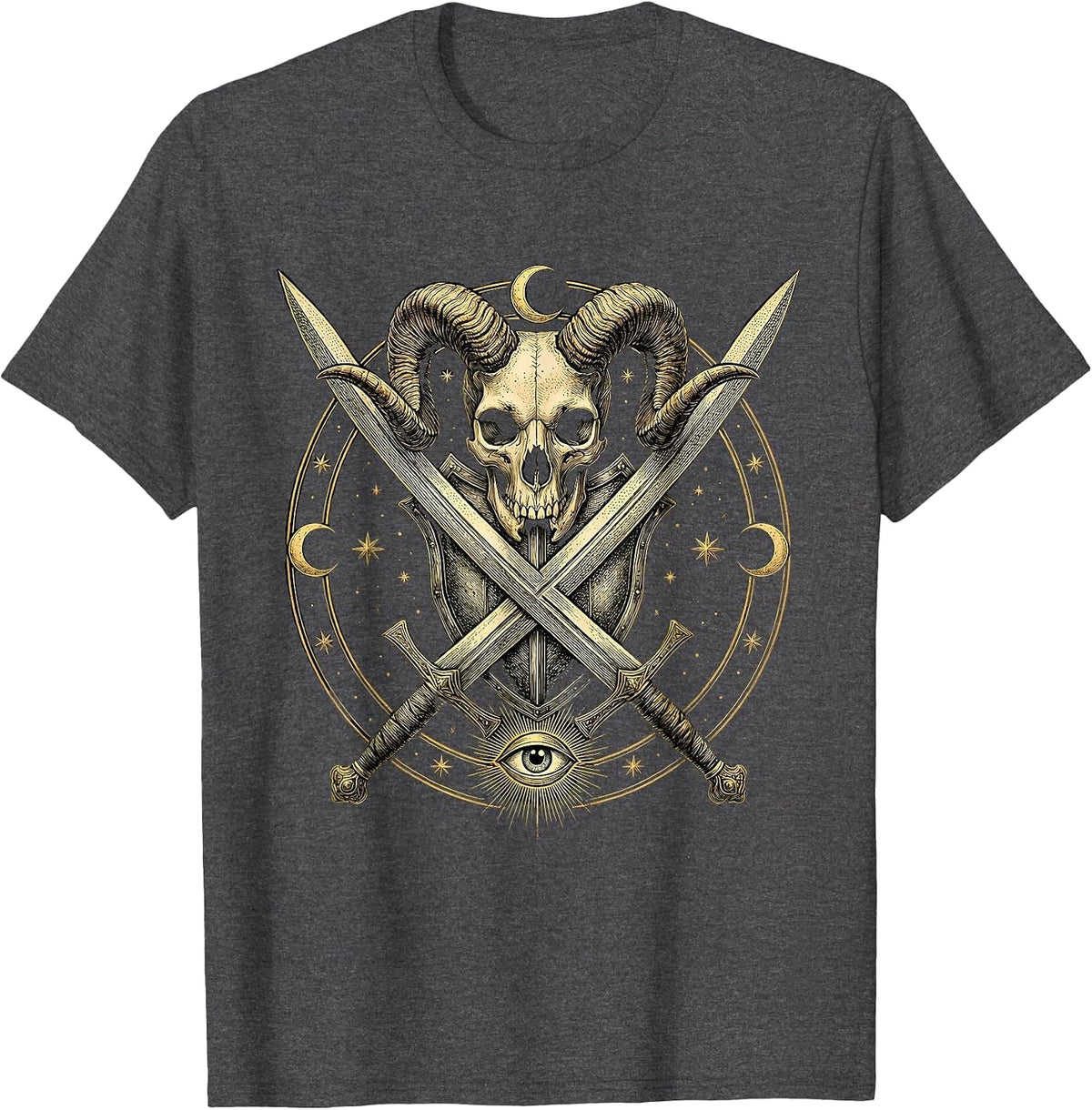 Crossed Swords Horned Demon Skull Metal Graphic T-Shirt - Dark Heather Grey