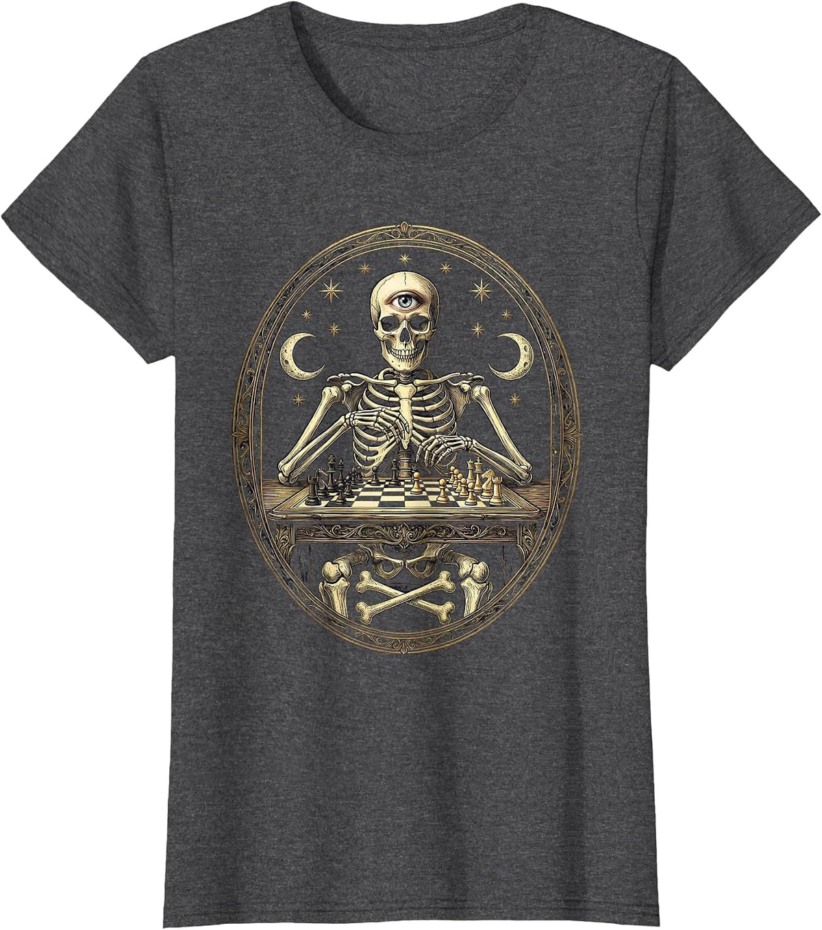 Women's Skeleton Chess Player Mid-Game Illustration T-Shirt - Dark Heather Grey