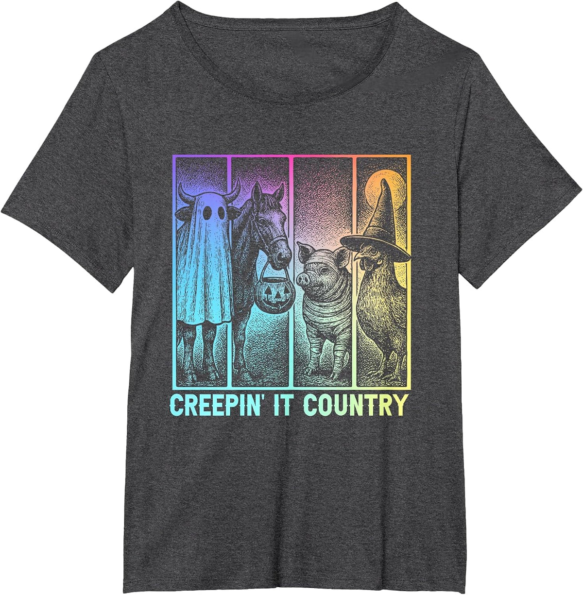 Creepin’ It Country Halloween Farm Animal Pig Cow Chicken T-Shirt - Dark Heather Grey