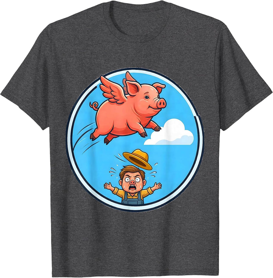 Men's Funny Flying Pig Soaring Past Shocked Farmer T-Shirt - Dark Heather Grey