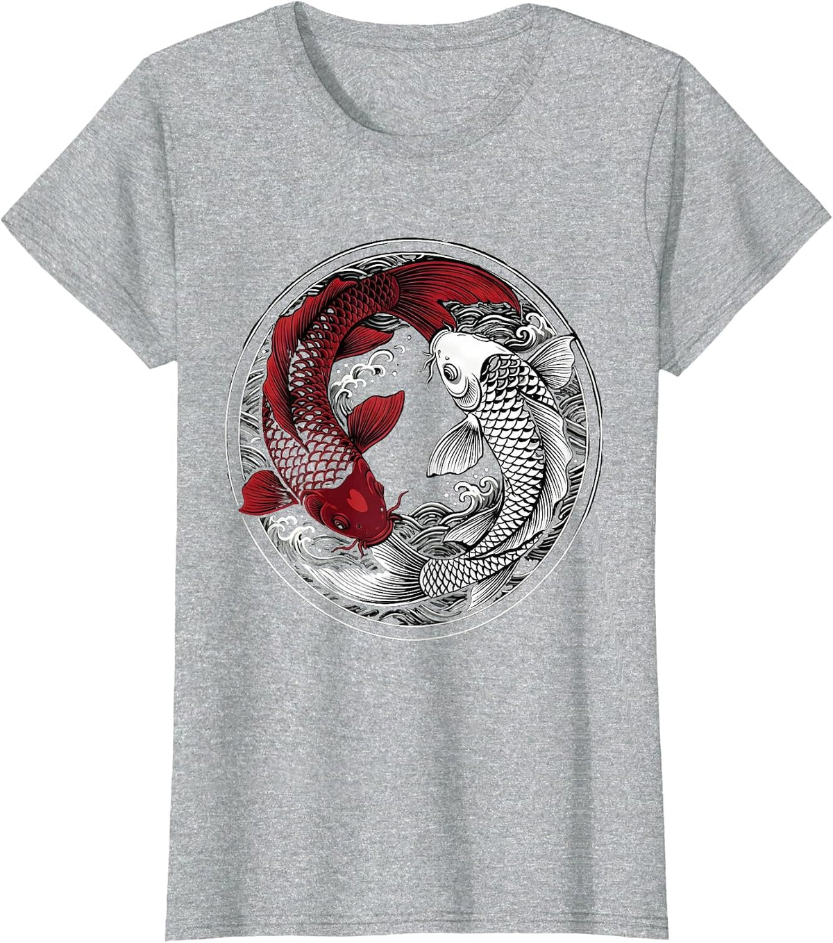 Twin Koi Fish Yin Yang Balance Graphic T-Shirt - Heather Grey