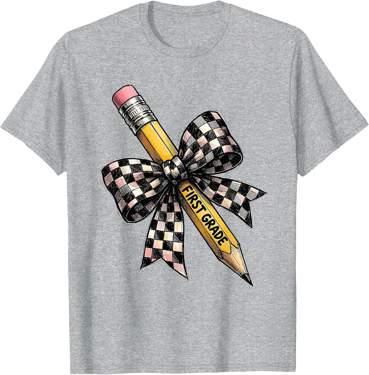Men's First Grade Cute Coquette Bow Pencil Back to School Teacher T-Shirt - Heather Grey