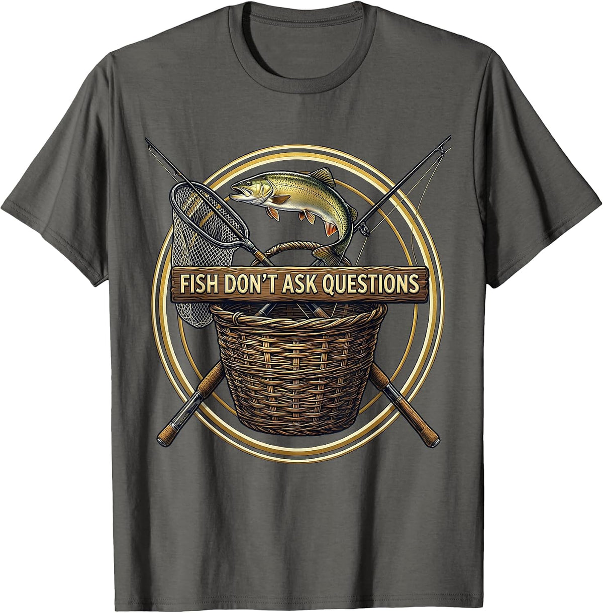 Fish Don't Ask Questions Reel Life Design T-Shirt - Asphalt Grey