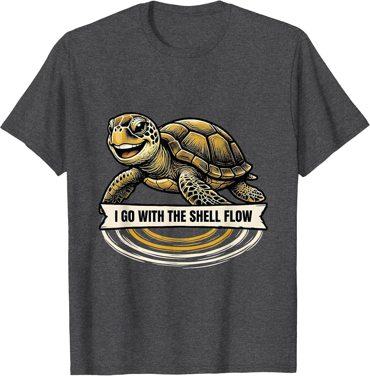 I Go With The Shell Flow Retro Cartoon Sea Turtle Ocean T-Shirt - Dark Heather Grey