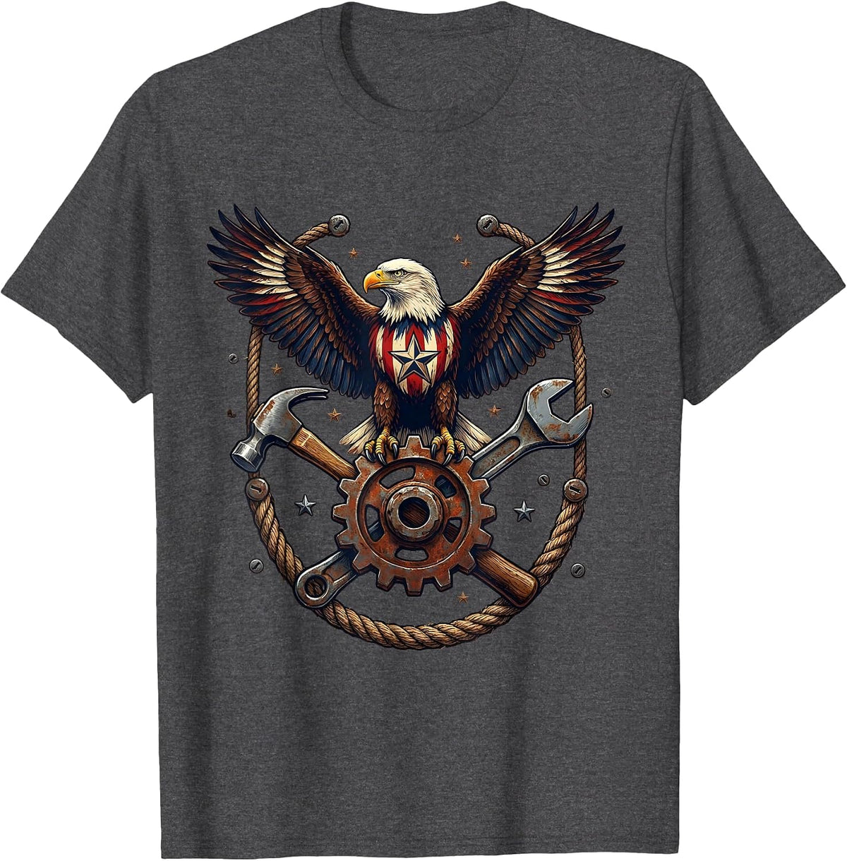 Labor Day Eagle Crossed Tools and Gear Graphic T-Shirt - Dark Heather Grey
