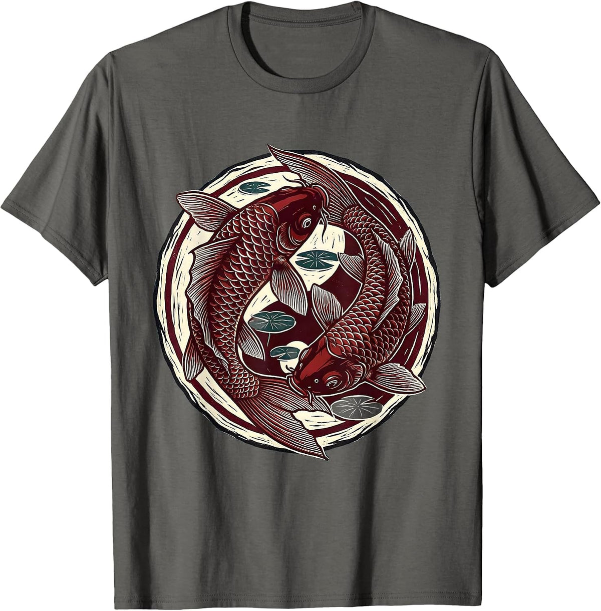 Koi Fish Circling Round Pond Illustration T-Shirt - Asphalt Grey
