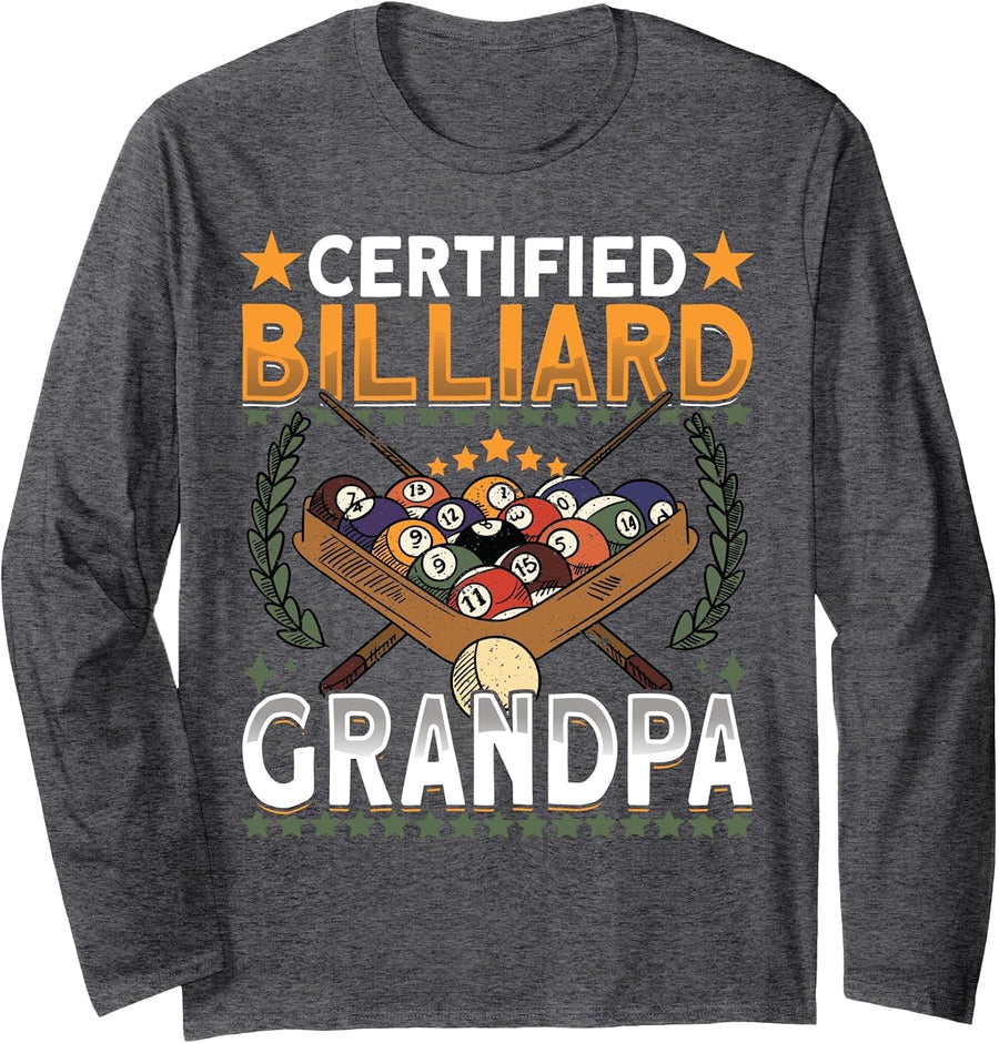 Pool Billiard Grandpa Team 8 Ball Pool Player - Billiard Long Sleeve T-Shirt - Adult Unisex Dark Heather Grey